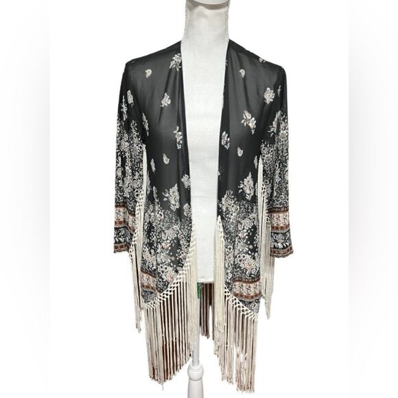 Abercrombie & Fitch Boho Cover Up Cardigan Black Floral Fringe Kimono Gypsy S - Picture 2 of 7